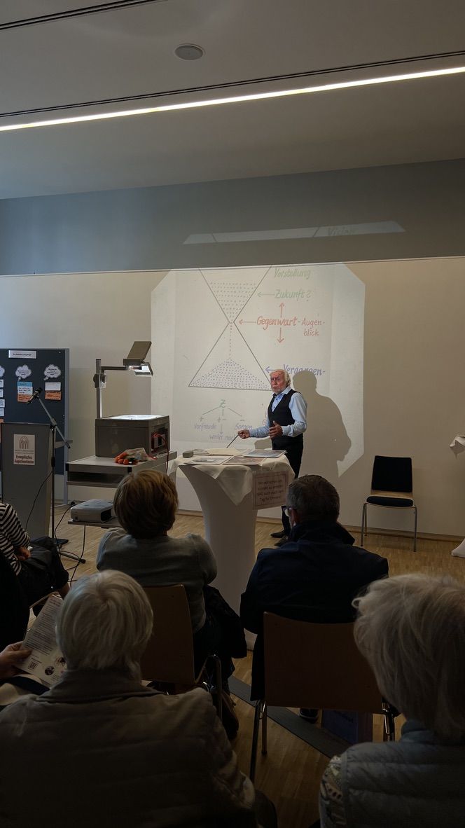 Ein Referent erklärt vor Publikum eine Grafik, die per Overheadprojektor an die Wand geworfen wird.